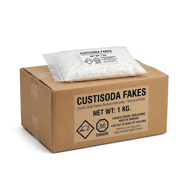 Sodium Hydroxide Caustic Soda Flakes 99% purity – white flakes in sealed industrial bag with scoop
