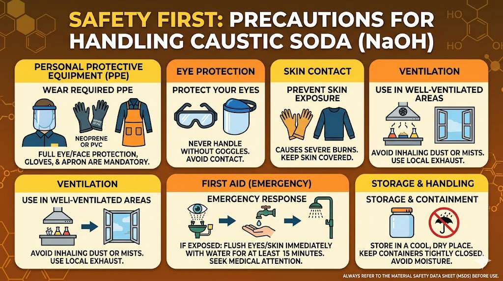 Sodium Hydroxide Caustic Soda Flakes bag with hazard warning label – safety information visible