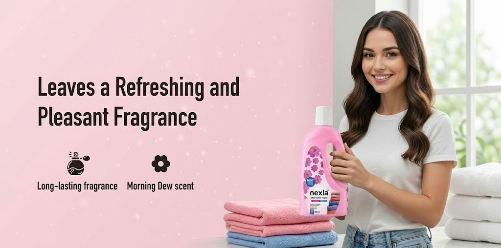 nexla after wash liquid fabric freshener 500 ml in a bright laundry room – safe for family and pets