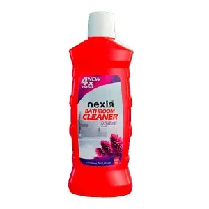 nexla bathroom cleaner gel 500 ml bottle next to sparkling clean white tiles – removes limescale and soap scum