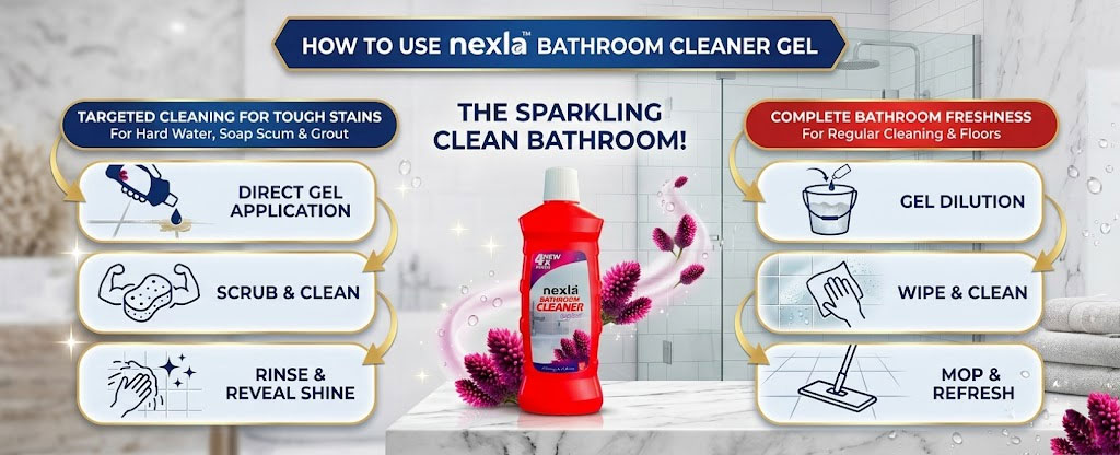 nexla bathroom cleaner gel 500 ml bottle next to sparkling clean white tiles – removes limescale and soap scum