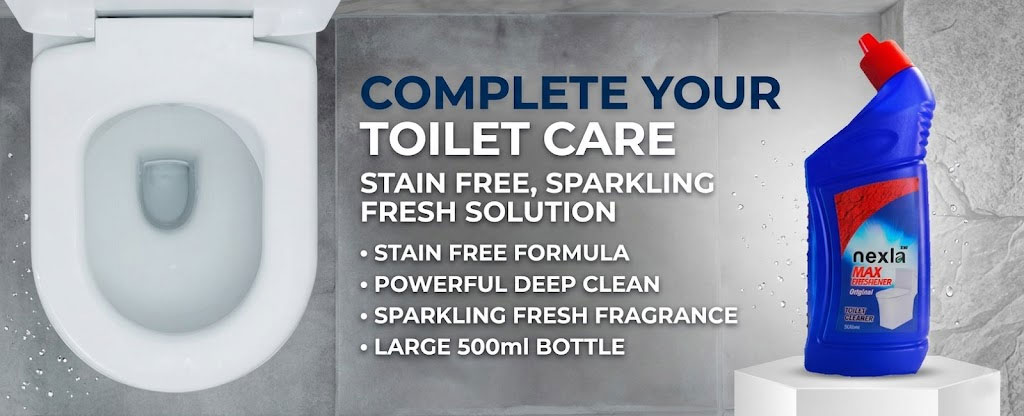 nexla disinfectant toilet cleaner 500 ml bottle next to a sparkling white toilet bowl – kills germs and removes stains