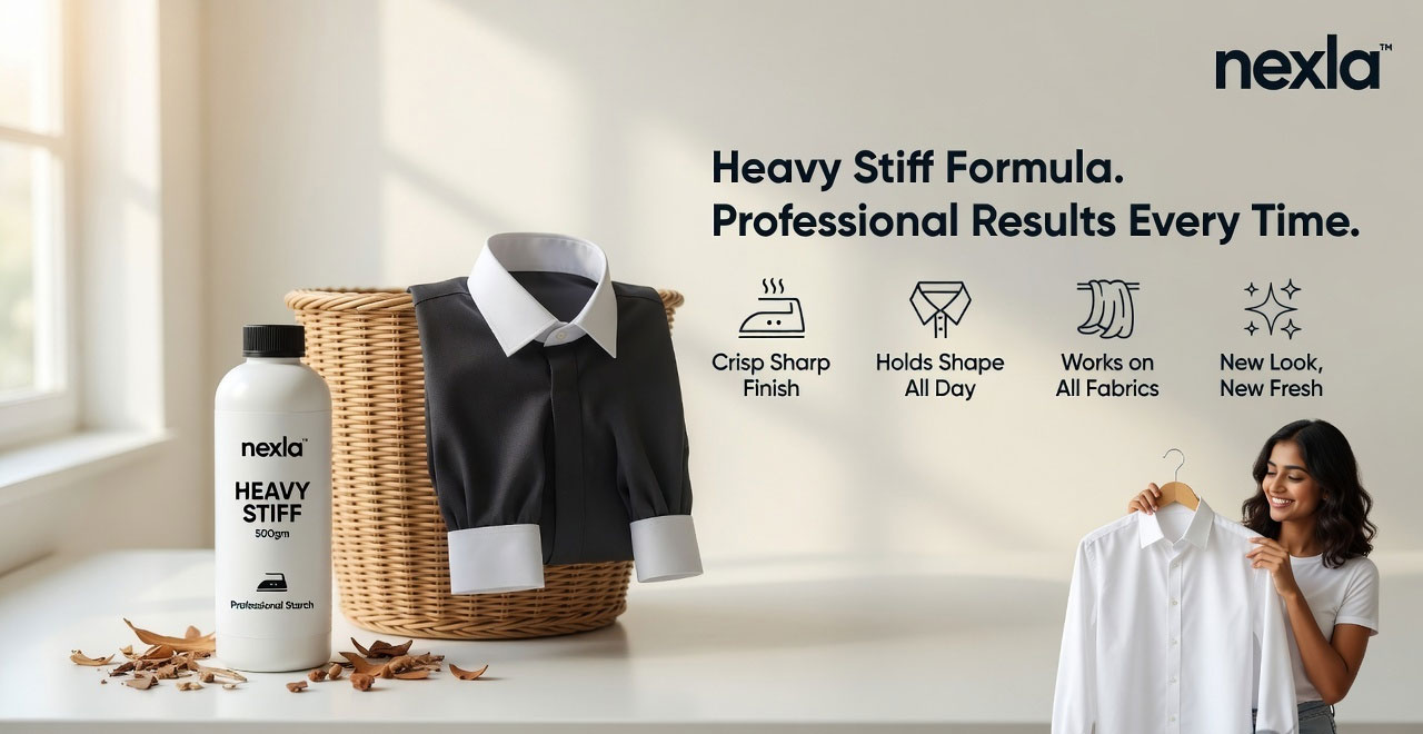 nexla fabric stiffener 500 gm bottle next to a stiffened shirt collar – crisp and professional finish