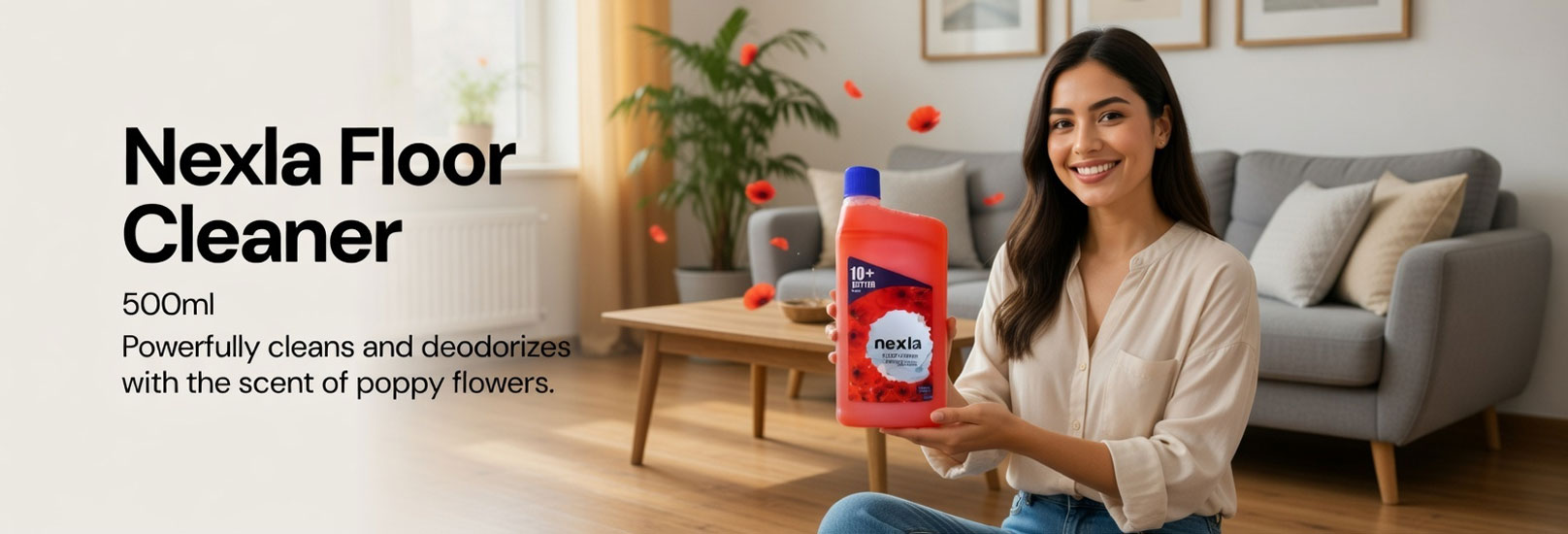 nexla floor cleaner 500 ml showing four floor types – hardwood, laminate, vinyl, and tile – all safe to use