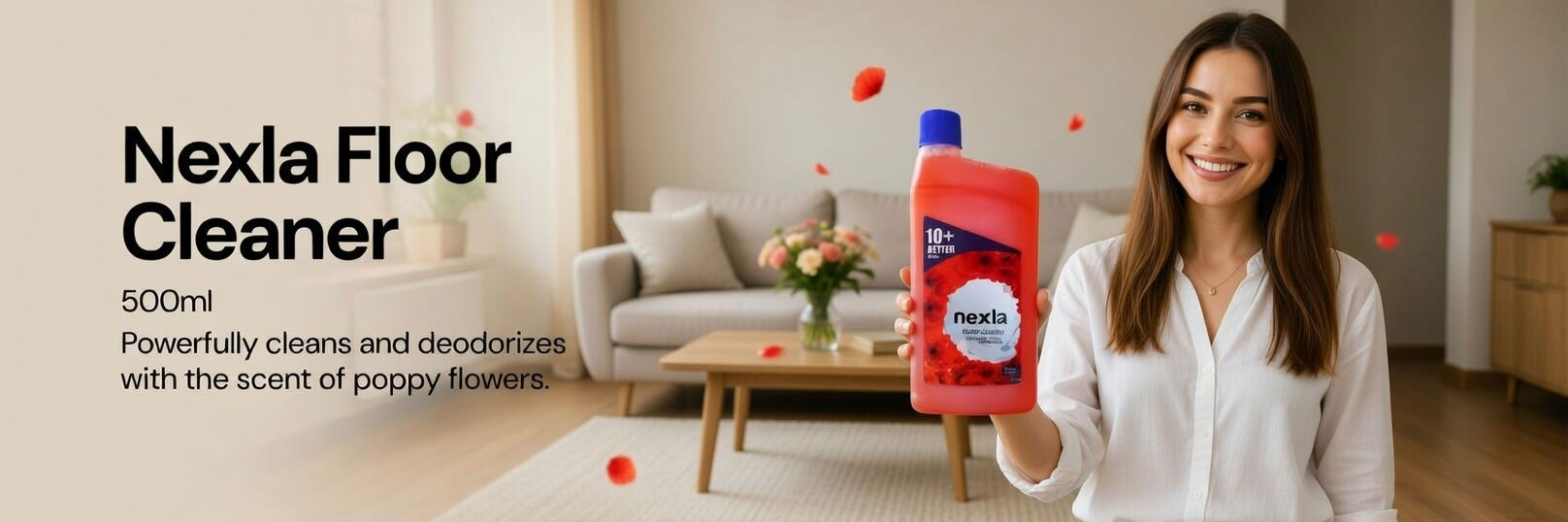 nexla floor cleaner 500 ml next to a dog drinking water – non‑toxic formula, safe for pets and children