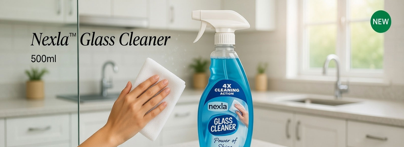 nexla glass cleaner streak free eco friendly 500ml in action on a bathroom mirror – reflection is perfectly clear, no smears or hazing, plant‑based formula safe for daily use