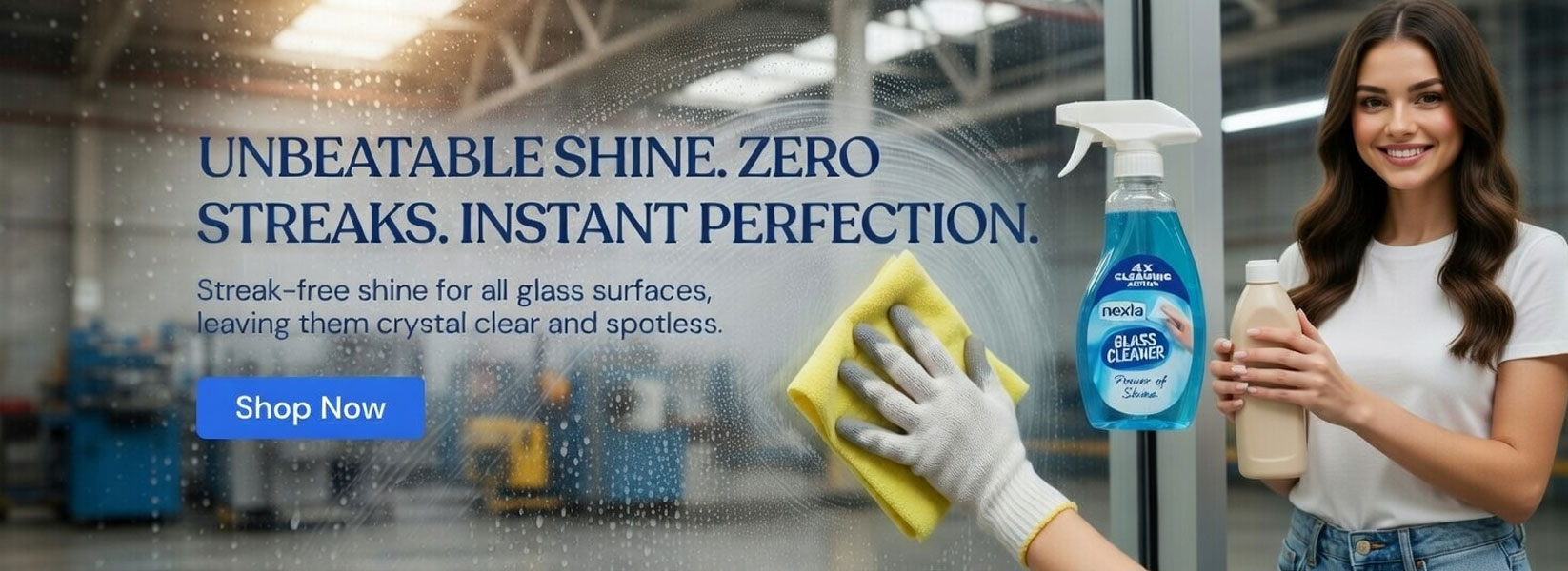nexla glass cleaner streak free eco friendly 500ml being sprayed on a large living room window with sunlight coming through – crystal clear, no streaks after wiping