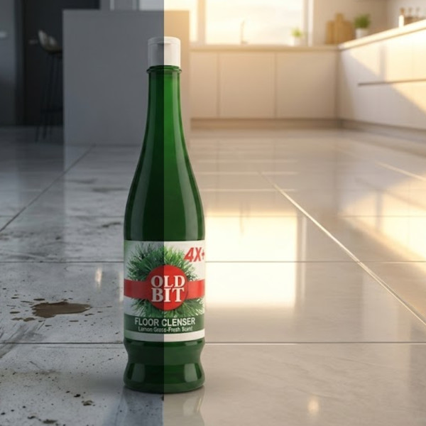 Before and after tile floor transformation using Nexla OLD BIT Lemongrass Floor Cleaner – powerful 4X stain removal