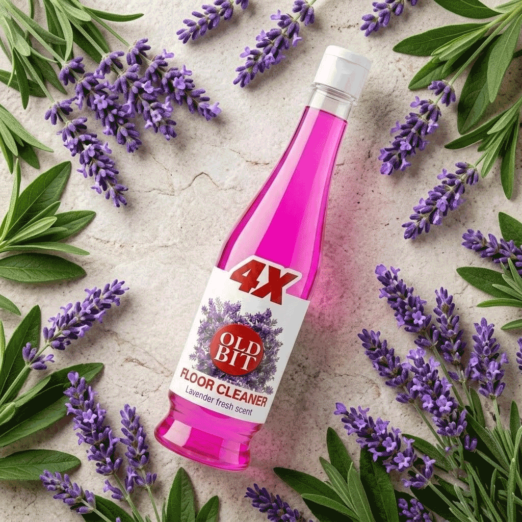 Nexla OLD BIT Lavender Floor Cleaner bottle with fresh lavender flowers – natural aromatherapeutic formula