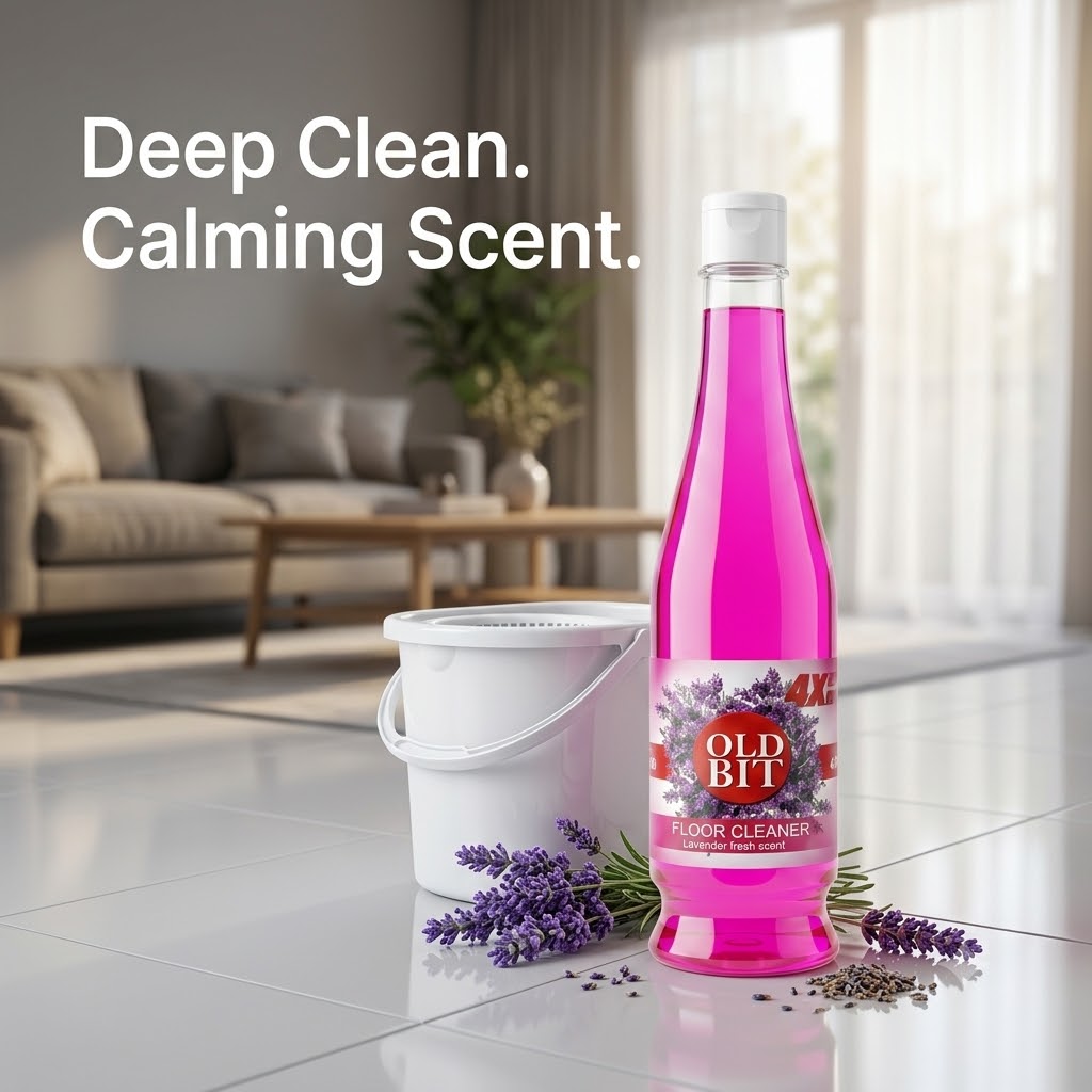 Nexla OLD BIT Lavender Floor Cleaner beside mop bucket on gleaming tile floor in modern living room