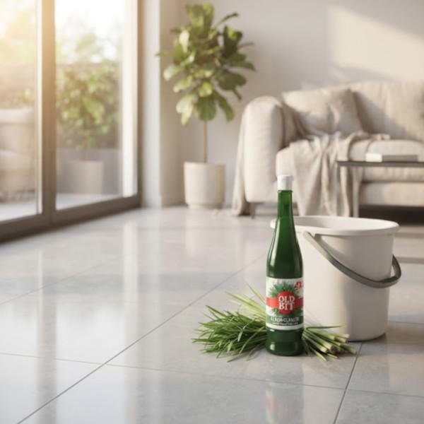 Nexla OLD BIT Lemongrass Floor Cleaner beside mop bucket on gleaming tile floor in modern living room