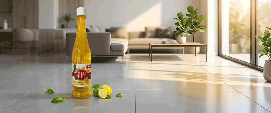 Nexla OLD BIT Lime Floor Cleaner banner with bright modern living room and gleaming clean tile floor