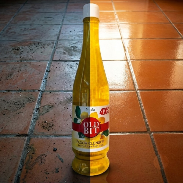 Before and after tile floor transformation using Nexla OLD BIT Lime Floor Cleaner – 4X stain removal