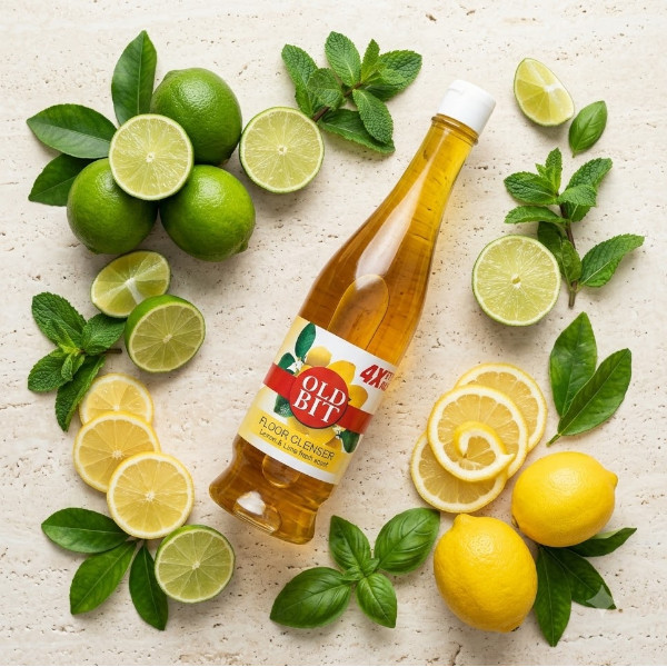 Nexla OLD BIT Floor Cleaner bottle with fresh lime and lemon slices – natural citrus formula