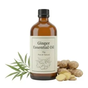 100% Pure Ginger Essential Oil extracted from fresh ginger roots in amber glass bottle for aromatherapy, skincare, massage, and natural wellness.