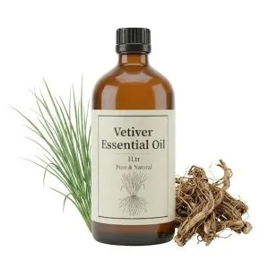 100% Pure Vetiver Essential Oil steam distilled from Vetiveria zizanioides roots for aromatherapy, skincare, massage, and wellness.