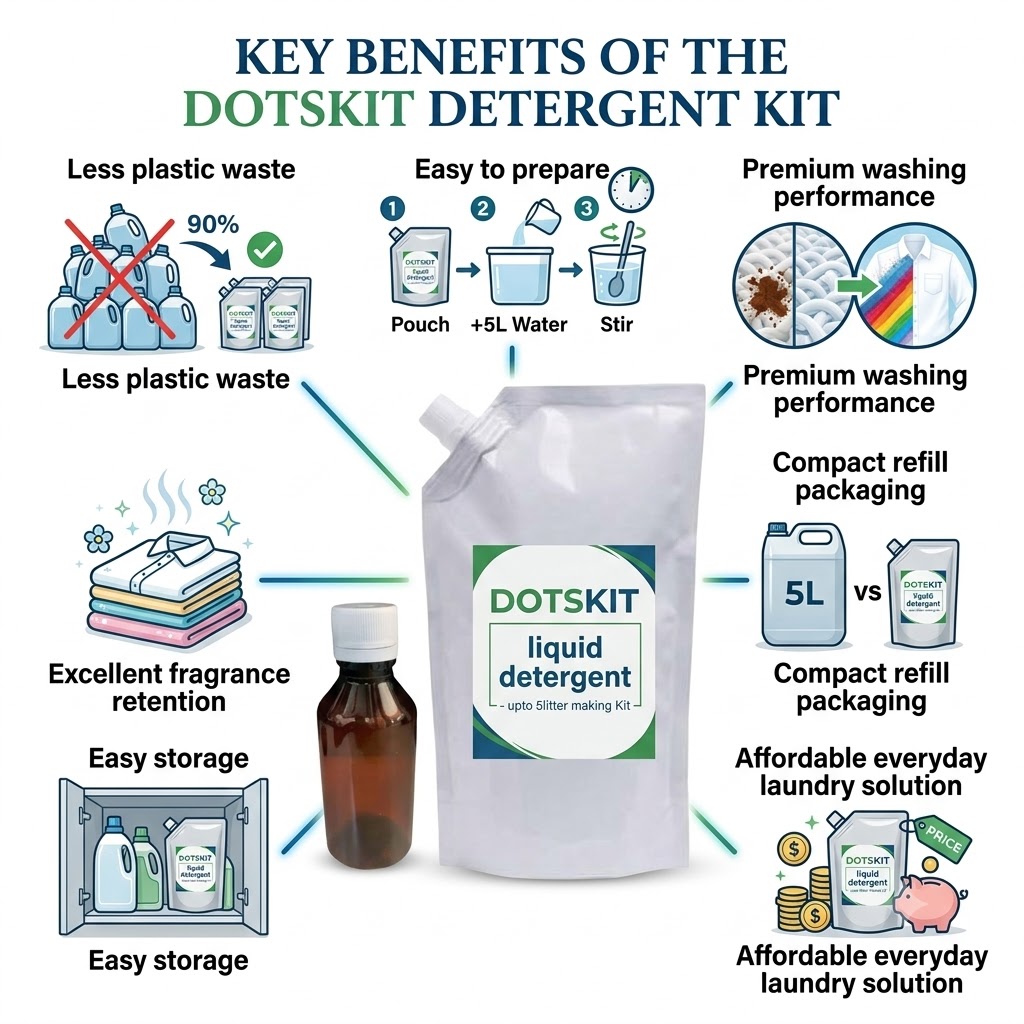 Eco-friendly liquid detergent making kit refill pack with reusable bottle concept for reducing plastic waste.