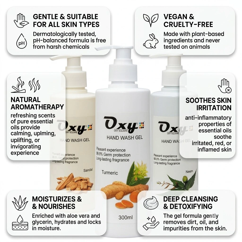 essential oils hand wash gel being pumped onto hands – clear gel with natural fragrance
